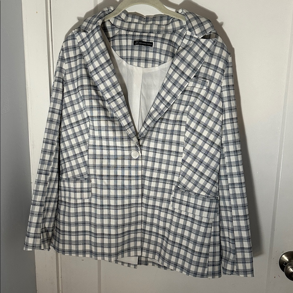 Adrianna Papell Navy and White Checkered Blazer